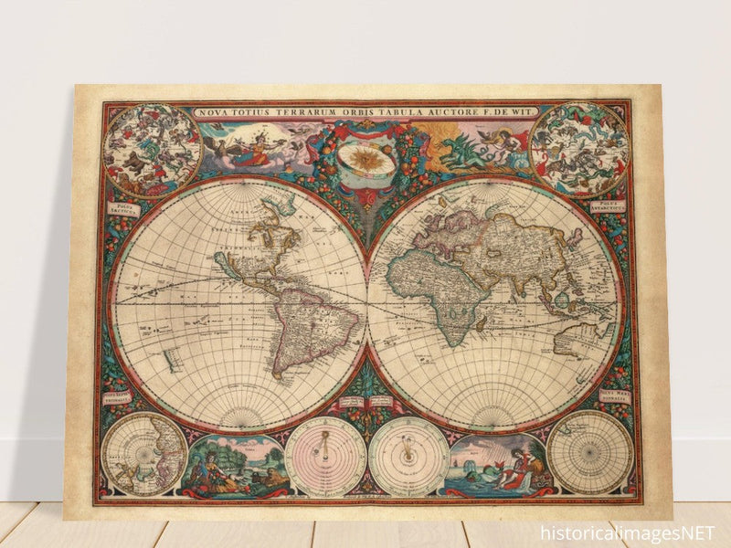 1660 Ancient old world map. Double hemisphere antique map reproduction.