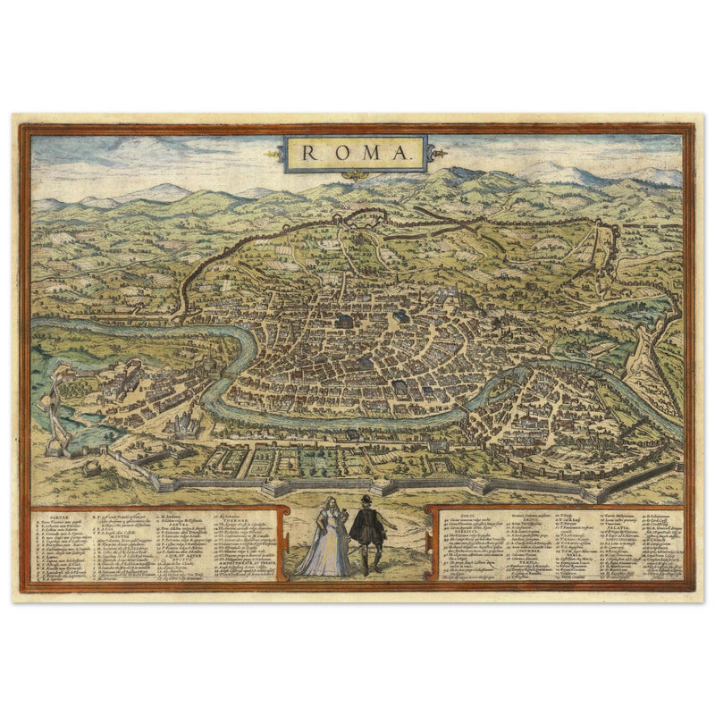 Ancient map of Rome with engravings by Georg Braun and Frans Hogenberg.