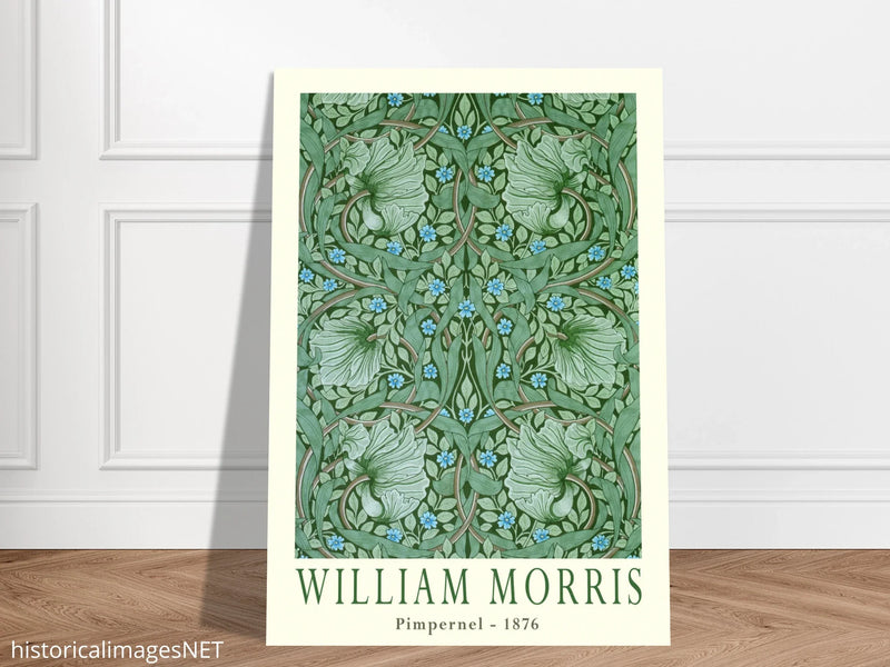 William Morris Pimpernel 1876. Green leaves and flowers wintage wallpaper art print.