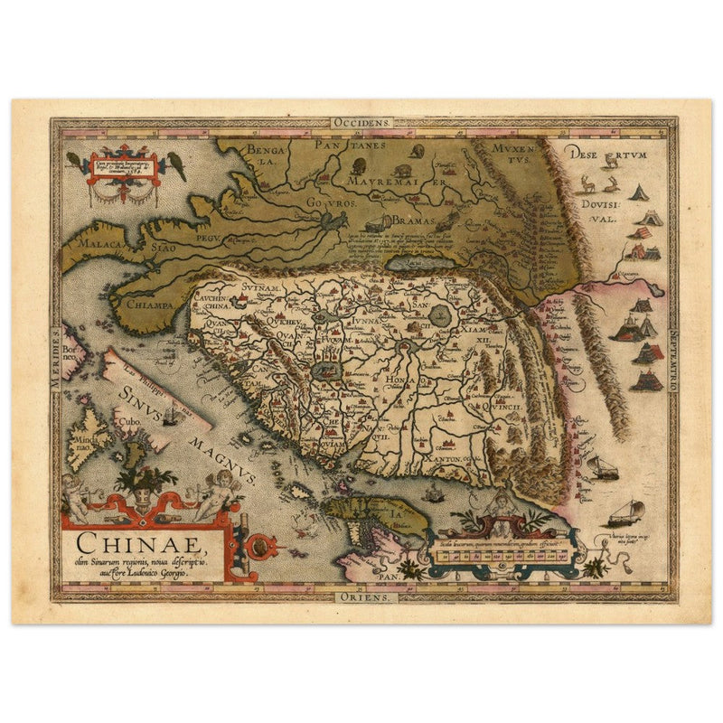 Ancient map of China by cartographer Abraham Ortelius 1584. Vintage historic map.