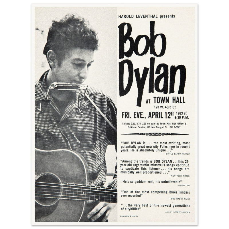 Bob Dylan concert poster Town Hall in New York City in 1963 performance.