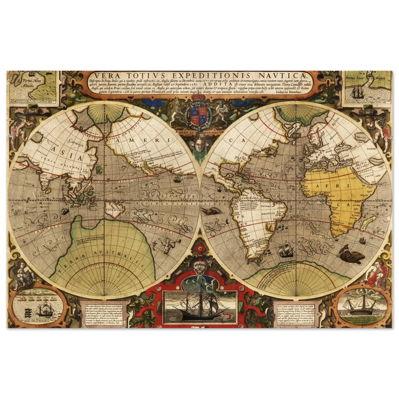 Vera Totius Expeditionis Nauticae double hemisphere map by Jodocus Hondius