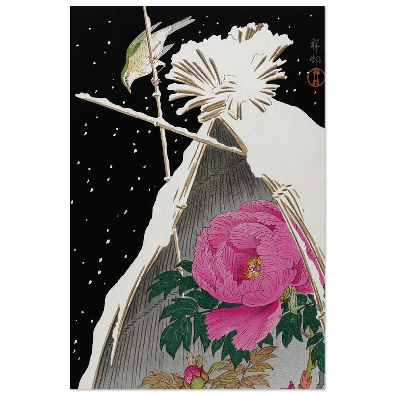 Siberian Bluechat next to a Peony sheltered by a Snowcovered Hay Sheaf by Ohara Koson, Woodblock print reproduction, Fine Art,