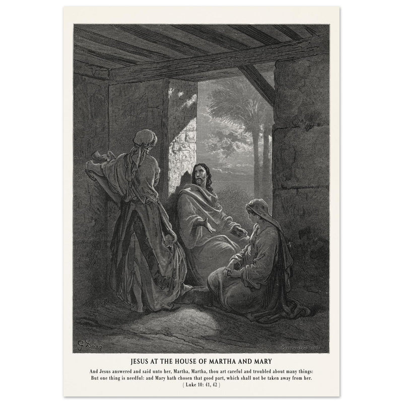 Gustave Dore The Bible engraving print . Jesus at the house of Martha and Mary .