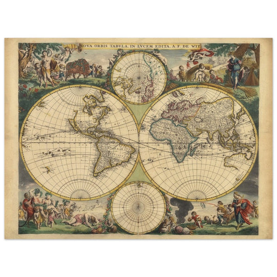 Frederik de Wit 1688 Ancient wold map. Double hemisphere antique old map reproduction. Nova orbis Tabula