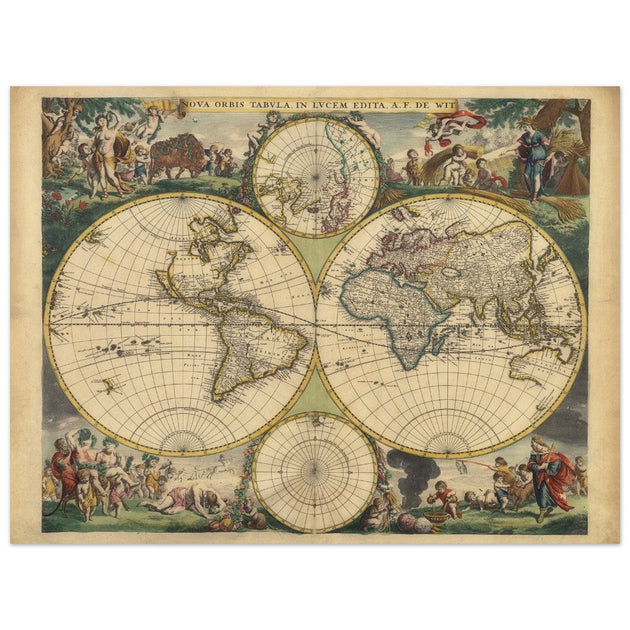 Frederik de Wit 1688 Ancient wold map. Double hemisphere antique old map reproduction. Nova orbis Tabula