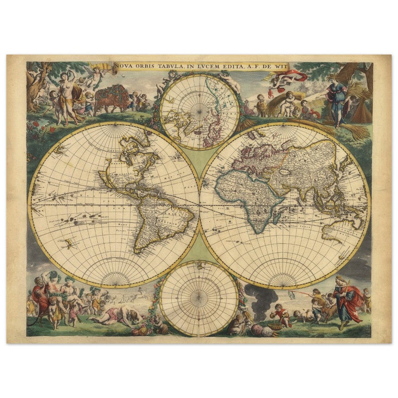 Frederik de Wit 1688 Ancient wold map. Double hemisphere antique old map reproduction. Nova orbis Tabula
