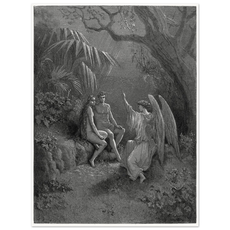 Gustave Dore Paradise Lost engraving . Archangel Rapahel with Adam and Eve in Eden.
