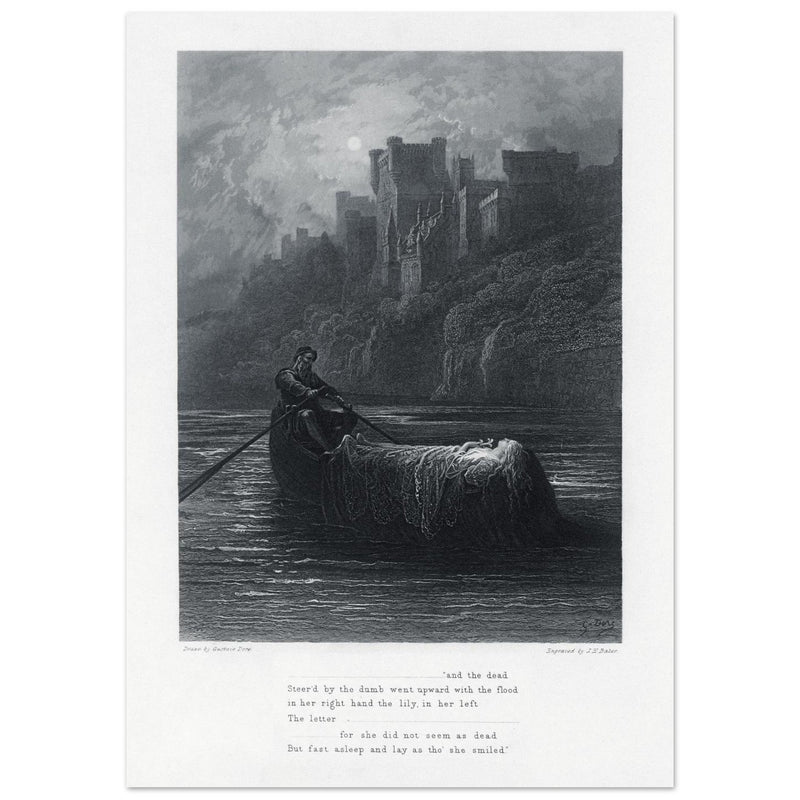Gustave Dore illustration .The Body of Elaine on its way to King Arthur's Palace. Idylls of the King by Alfred Tennyson.