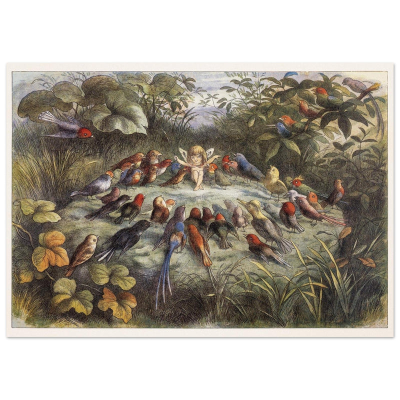 Richard Doyle illustration for Fairyland book. Elf teaching the young birds to sing