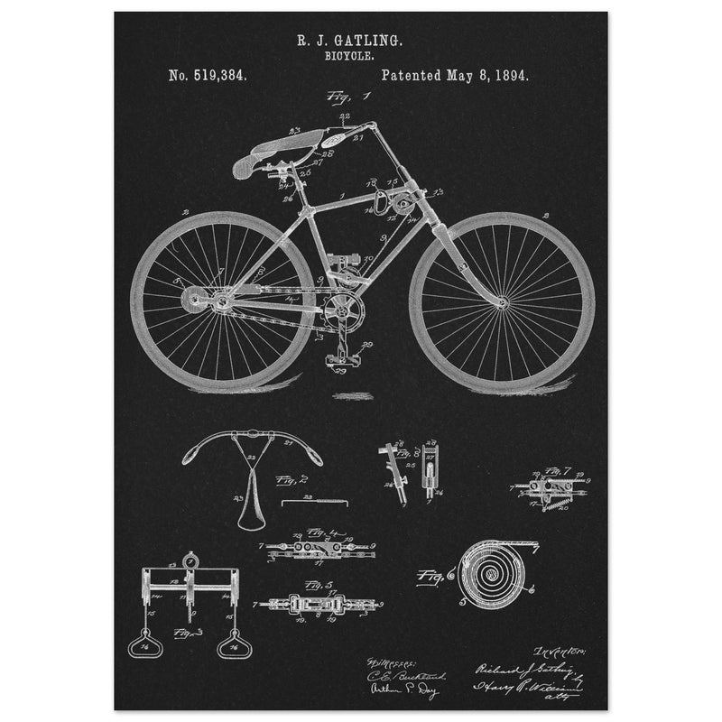Vintage bicycle patent by Richard J Gatling 1894