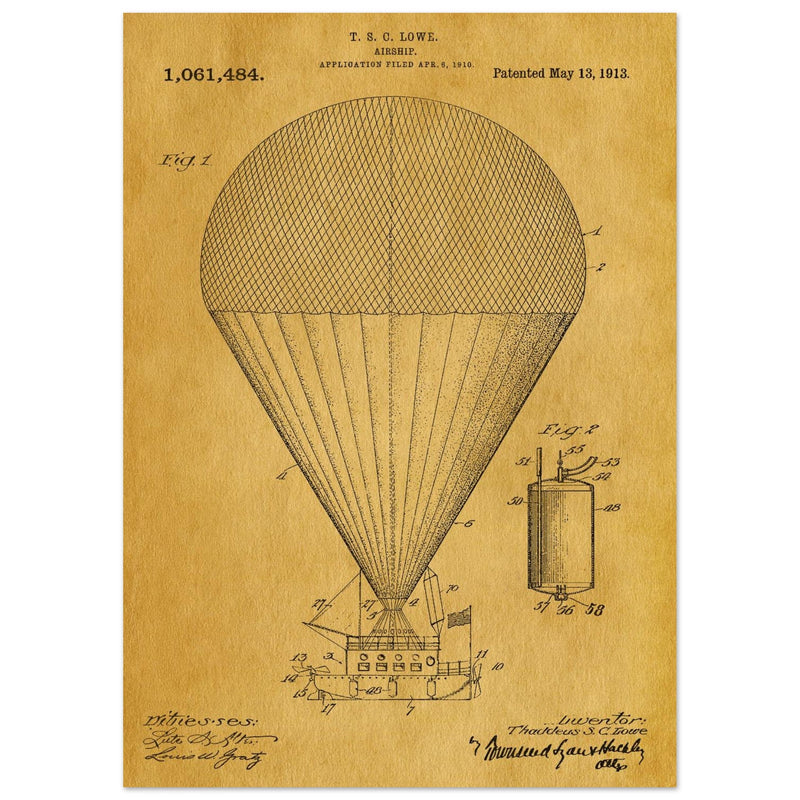 Airship patent drawing by T S C lowe Air balloon illustration