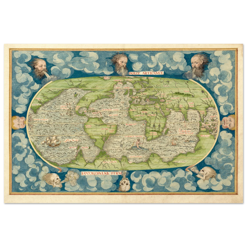 Ancient vintage old map of the world poster reproduction by Guillaume Le Testu 1555