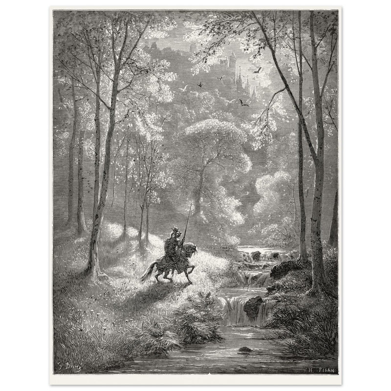 Gustave Dore depiction of knight Don Quixote riding in the countryside in one of his adventures.