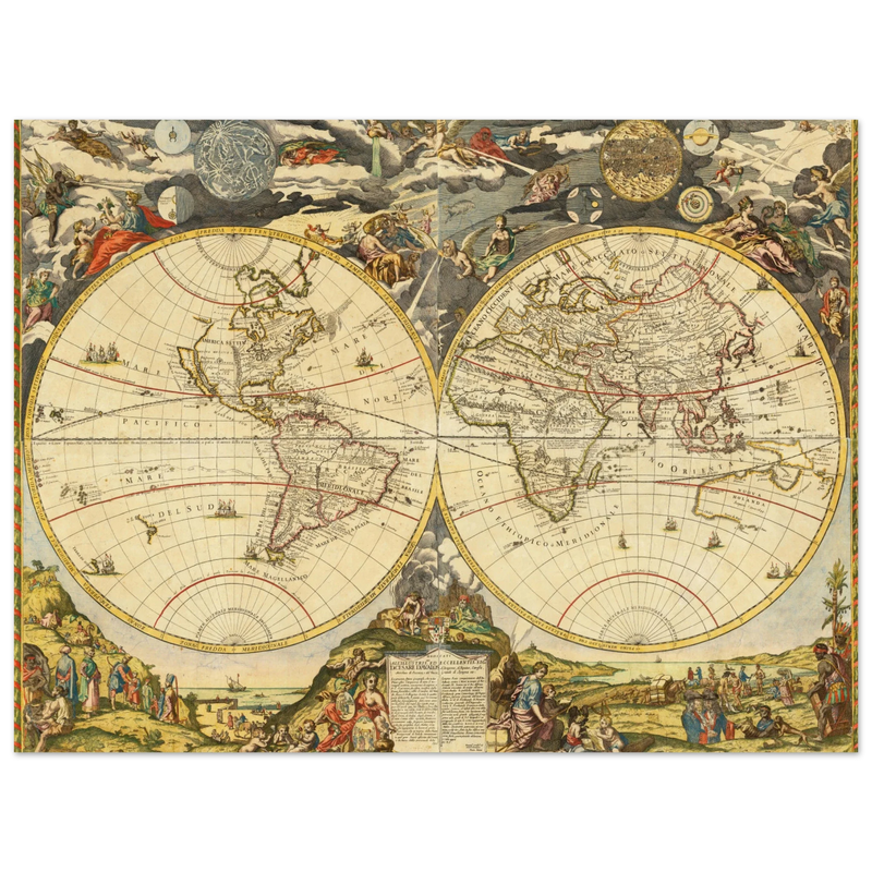 1700 Vintage historic world map poster reproduction by Paolo Petrini.