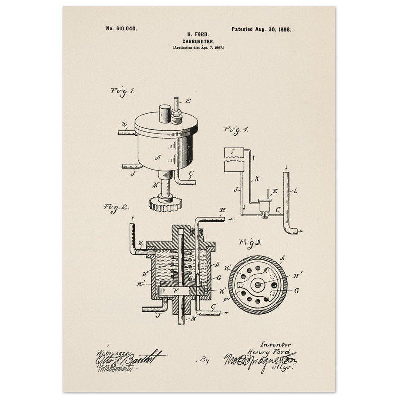 Carbureter vintage patent illustration by John Ford.