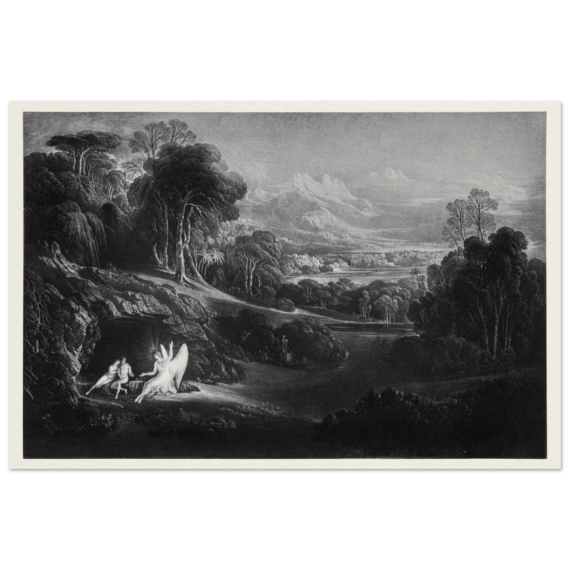 John Martin Paradise Lost vintage mezzoting engraving . Raphael Conversing with Adam and Eve .