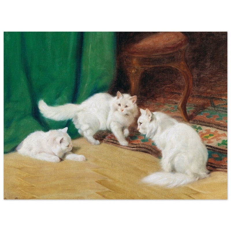 Three white cats playing old painting by Arthur Heyer.