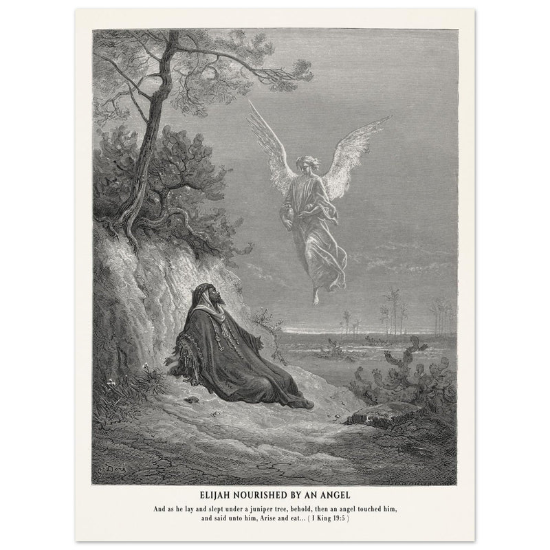 Gustave Dore The Bible engraving print . Elijah nourished by an angel illustration .