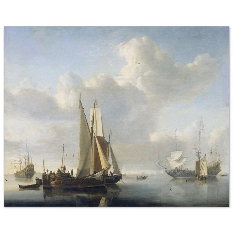Willem van de Velde Ships before the coast. Marine landscape painting.
