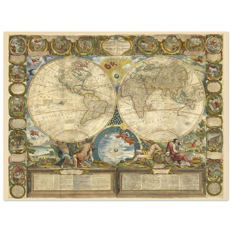 Beautiful illustrated world map of the XVIII Century. Vintage historic double hemisphere map.