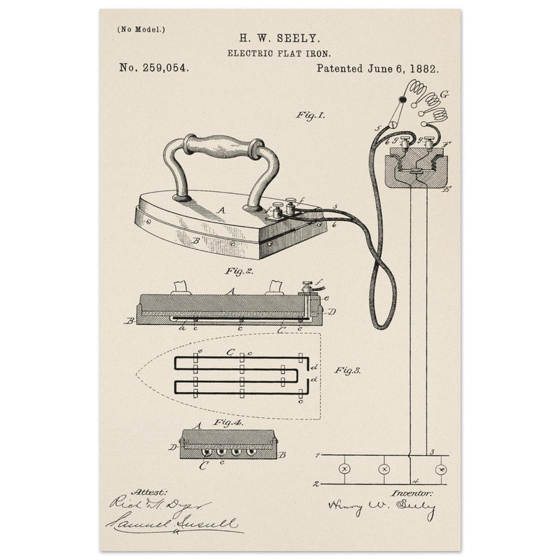 Electric Flat Iron patent by Henry W. Seeley Patent 259.054