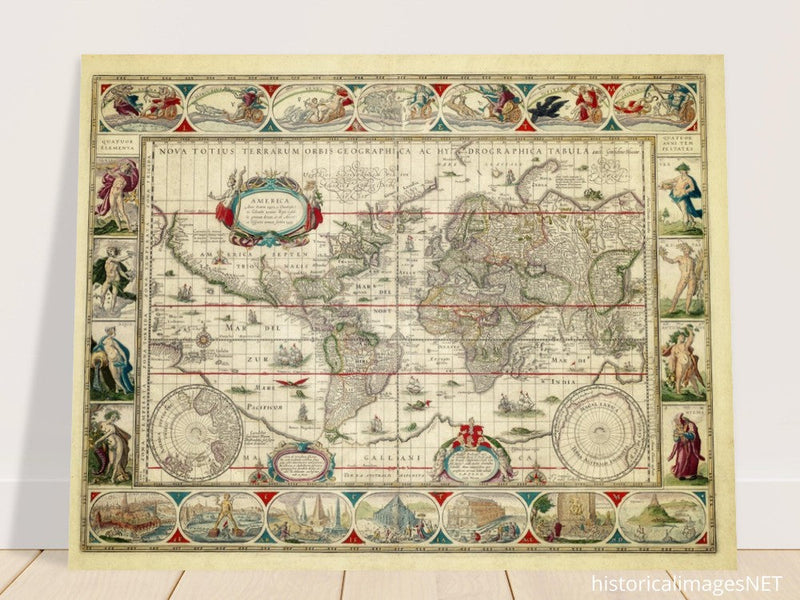 Ancient old world map 1638. Noua totius terrarum orbis geographica ac hydrographica tabula by Willem Janszoon Blaeu