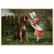 Girl in pink dress and white bonnet with dog vintage illustration poster by Knapp 1892