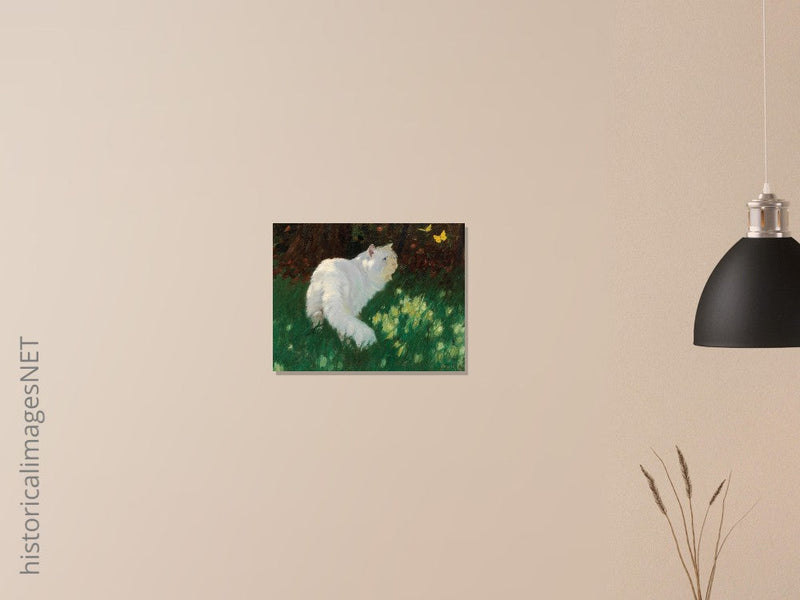White Cat and Butterflies old painting by Arthur Heyer .