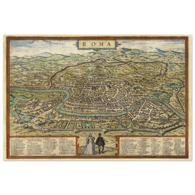 Ancient map of Rome with engravings by Georg Braun and Frans Hogenberg.
