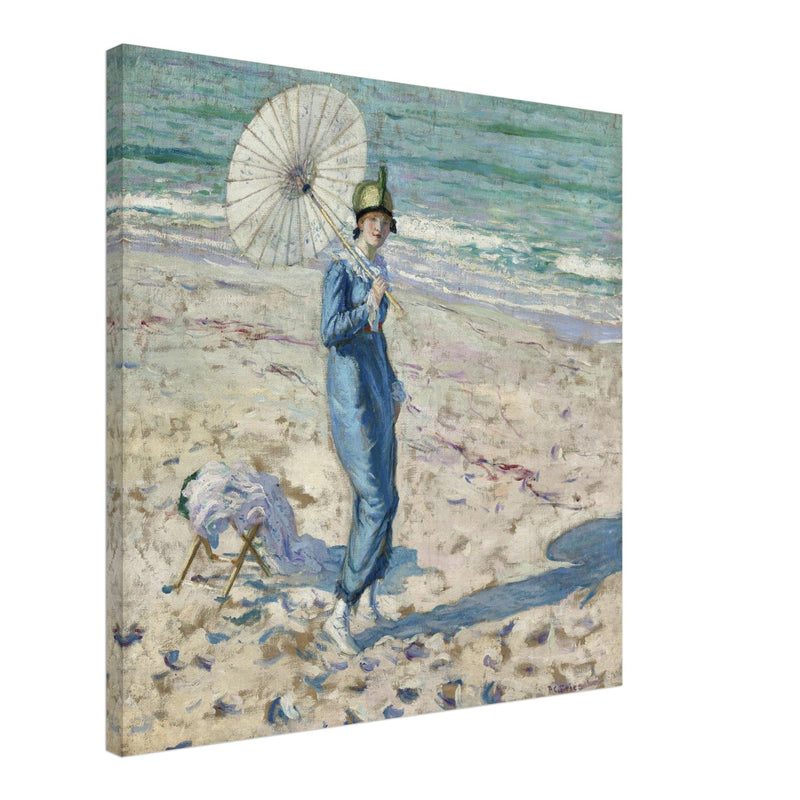 On the Beach Girl in Blue antique painting reproduction by Frederick Carl Frieseke