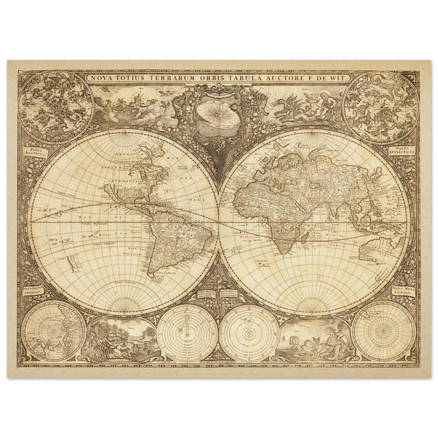 Old vintage world map Double hemisphere Nova totius terrarum orbis tabula by Frederik de Wit