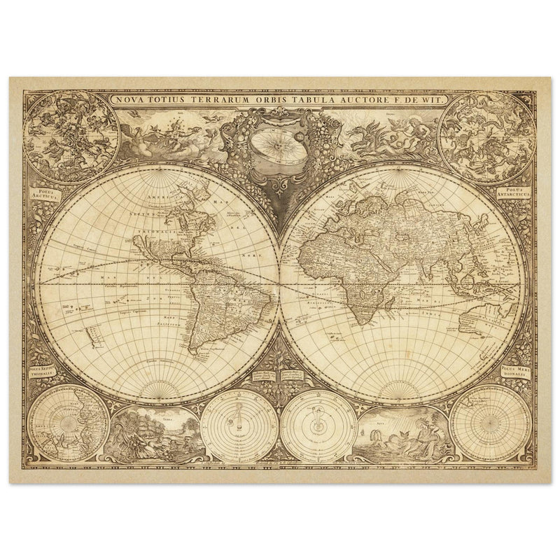 Old vintage world map Double hemisphere Nova totius terrarum orbis tabula by Frederik de Wit