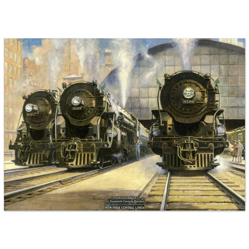 Train station with steam locomotives illustration by Walter L Greene. Thoroughbreds artwork print .