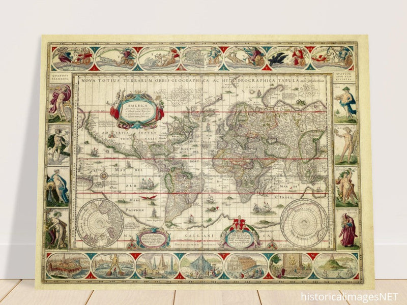 Ancient old world map 1638. Noua totius terrarum orbis geographica ac hydrographica tabula by Willem Janszoon Blaeu