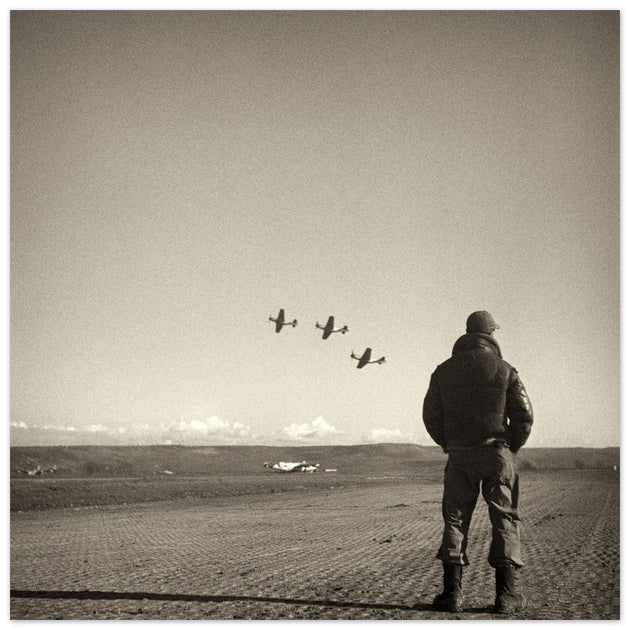 Airman standing in airfield in Italy 1945. Fine art black and white toned print