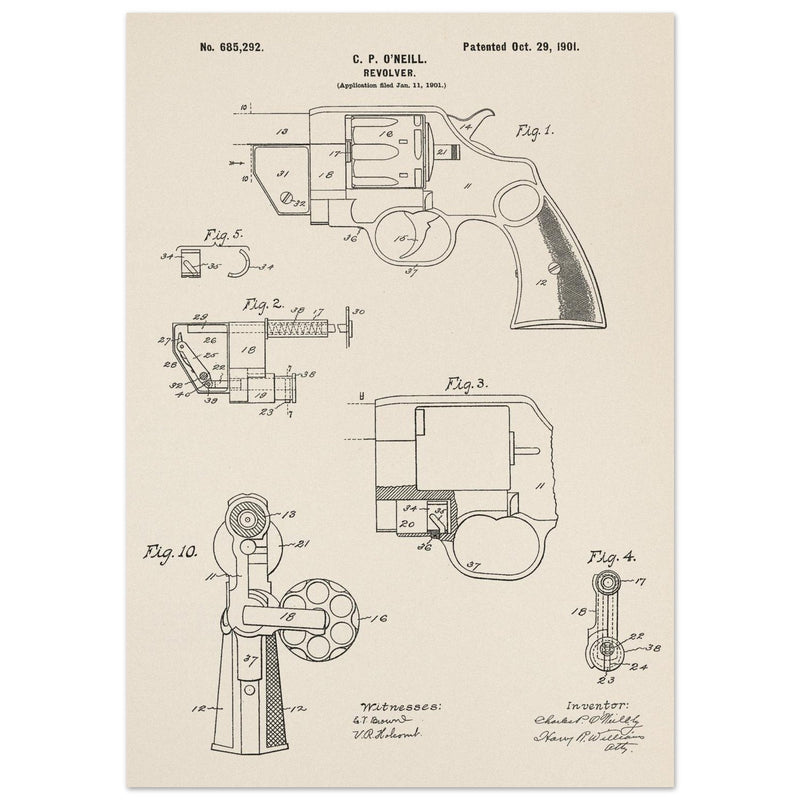 Vintage revolver patent by C P O'Neill.
