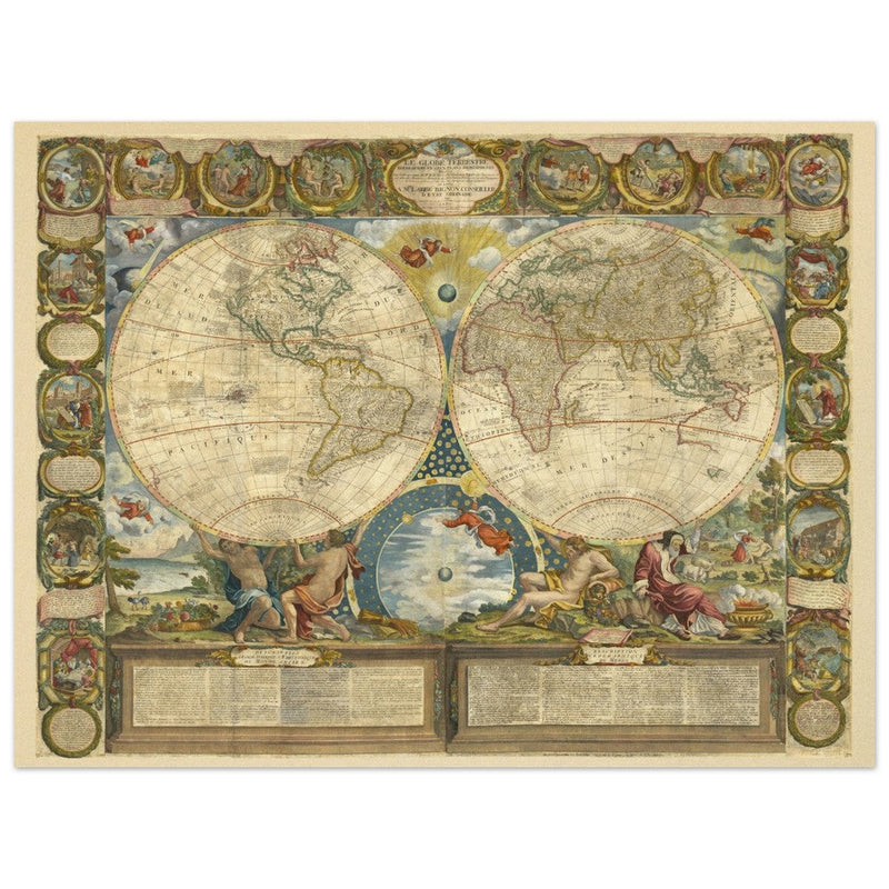 Beautiful illustrated world map of the XVIII Century. Vintage historic double hemisphere map.