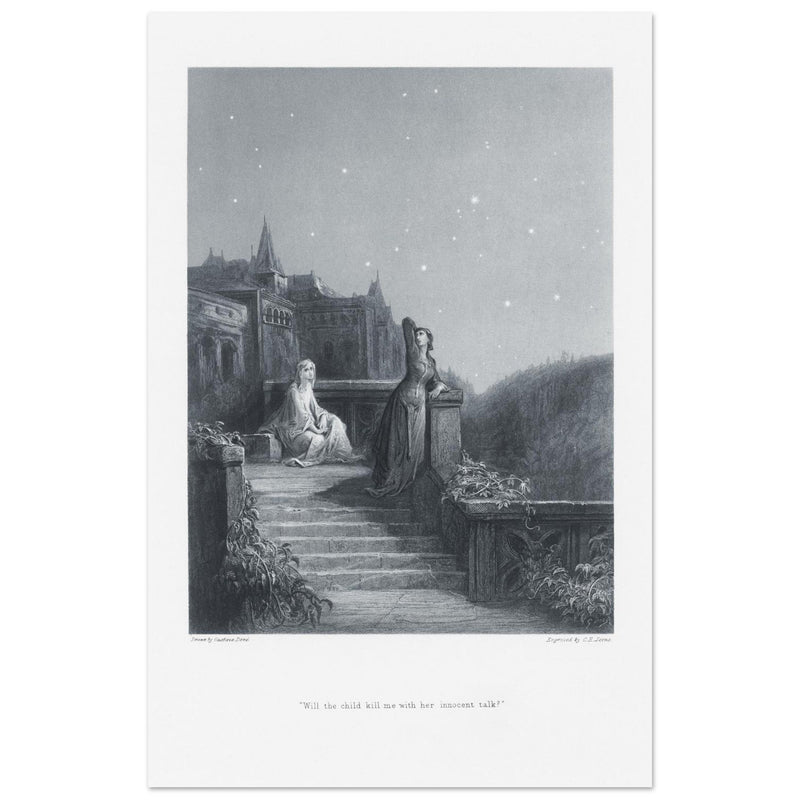 Gustave Dore illustration of King Arthur legend . Terrace scene with Guinevere. From the book Idylls of the King by Alfred Tennyson.