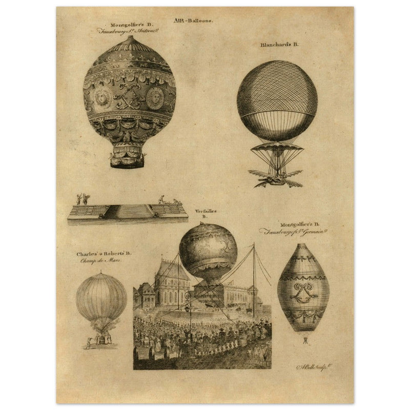 Early balloon ascensions in France. XVIII Century illustration drawing.