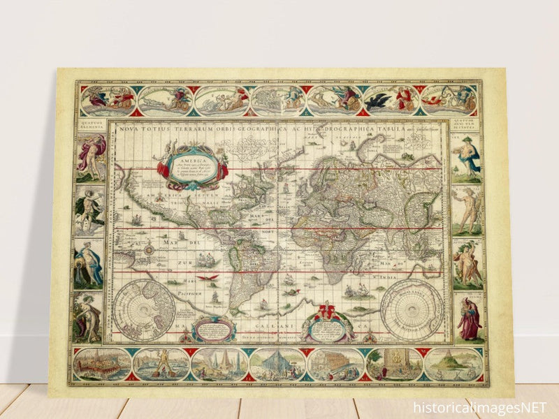 Ancient old world map 1638. Noua totius terrarum orbis geographica ac hydrographica tabula by Willem Janszoon Blaeu