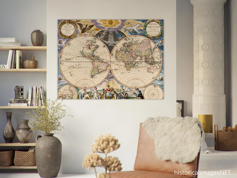 Beautiful antique world map reproduction of the XVII century Vintage illustrated map