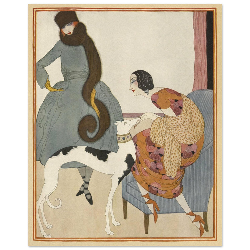 Helen Dryden fashion magazine vintage illustration. Elegant women with dog.