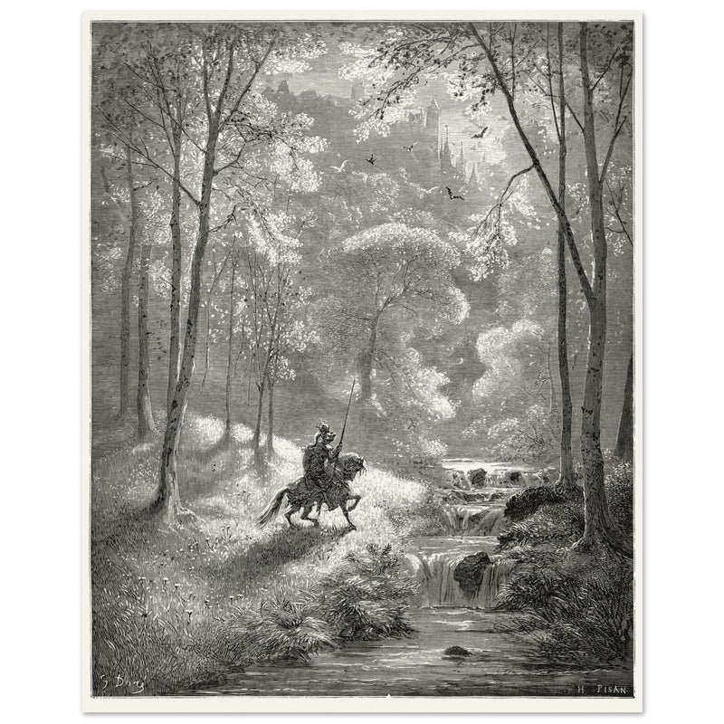 Gustave Dore depiction of knight Don Quixote riding in the countryside in one of his adventures.