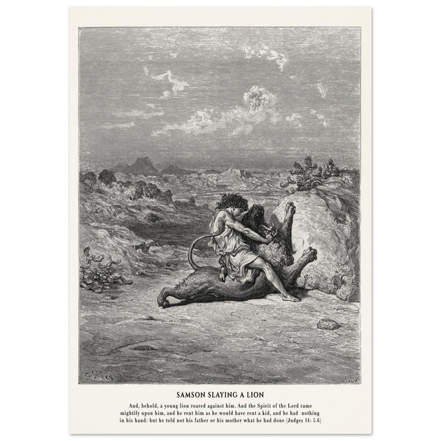 Gustave Dore The Bible engraving print . Samson slaying a lion illustration .