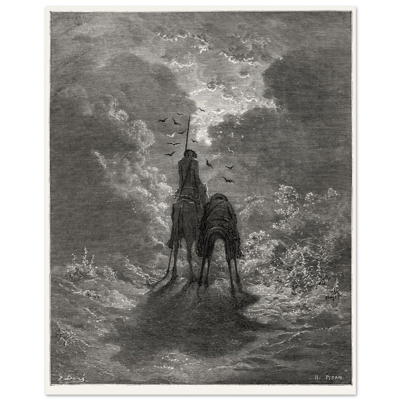 Don Quixote riding with Sancho Panza illustration by Gustave Dore.