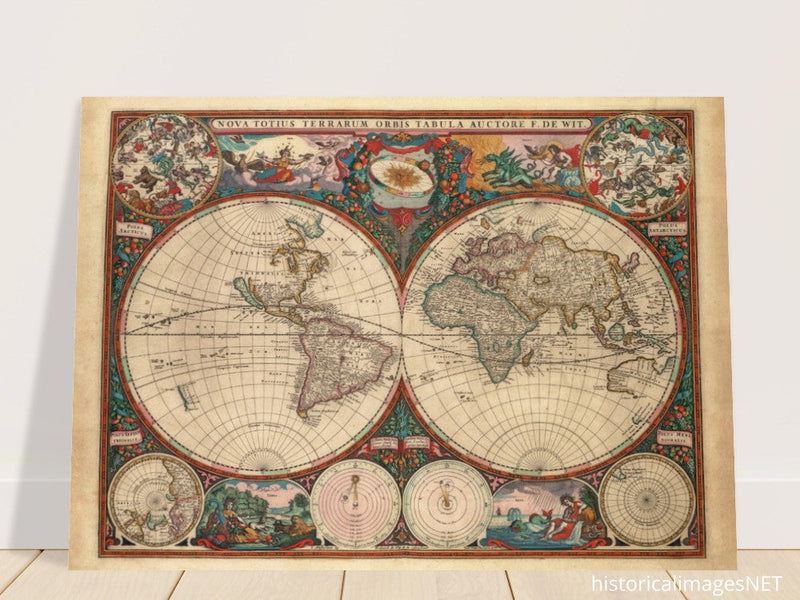 1660 Ancient old world map. Double hemisphere antique map reproduction.