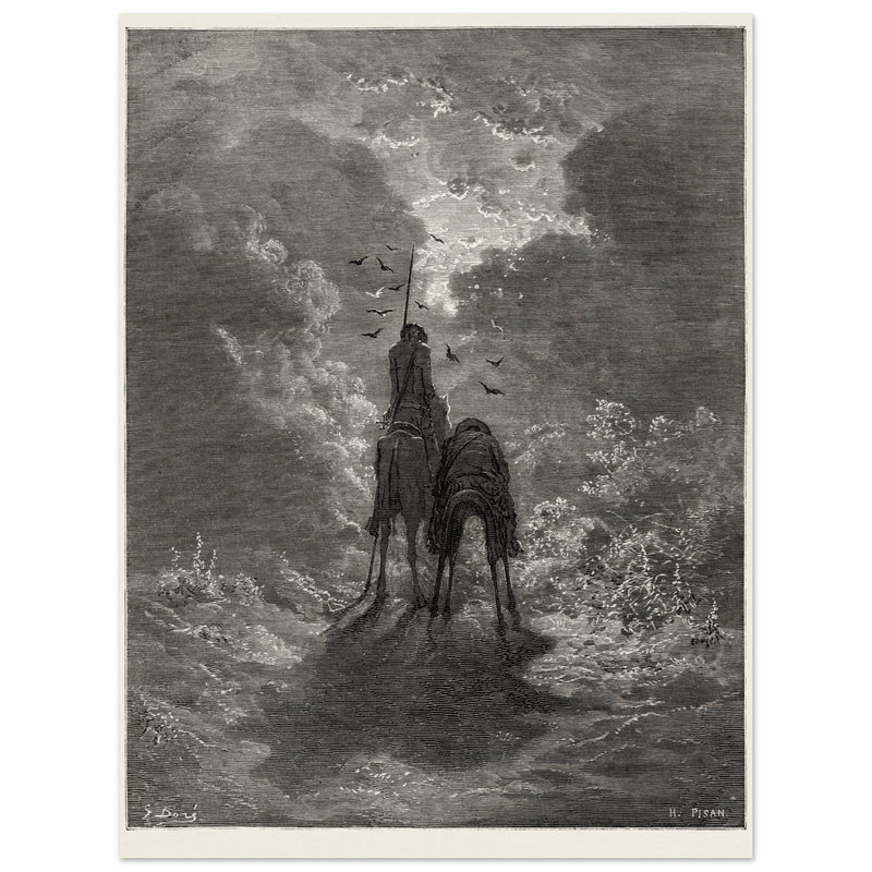 Don Quixote riding with Sancho Panza illustration by Gustave Dore.