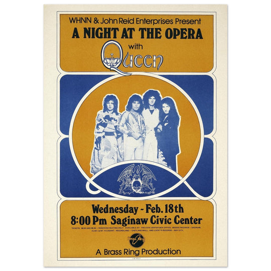 Queen a Night at the Opera concert poster. Performance at the Saginaw Civic Center in 1976.