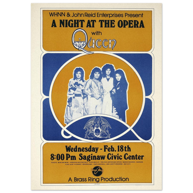 Queen a Night at the Opera concert poster. Performance at the Saginaw Civic Center in 1976.
